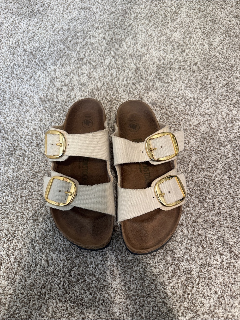 Birkenstock Women’s Arizona Two-Strap Sandal in Natural with Gold Buckles